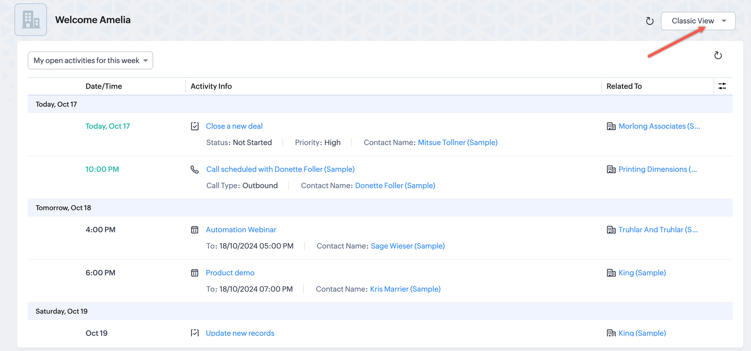 Zoho CRM 首页 Open Activities 组件